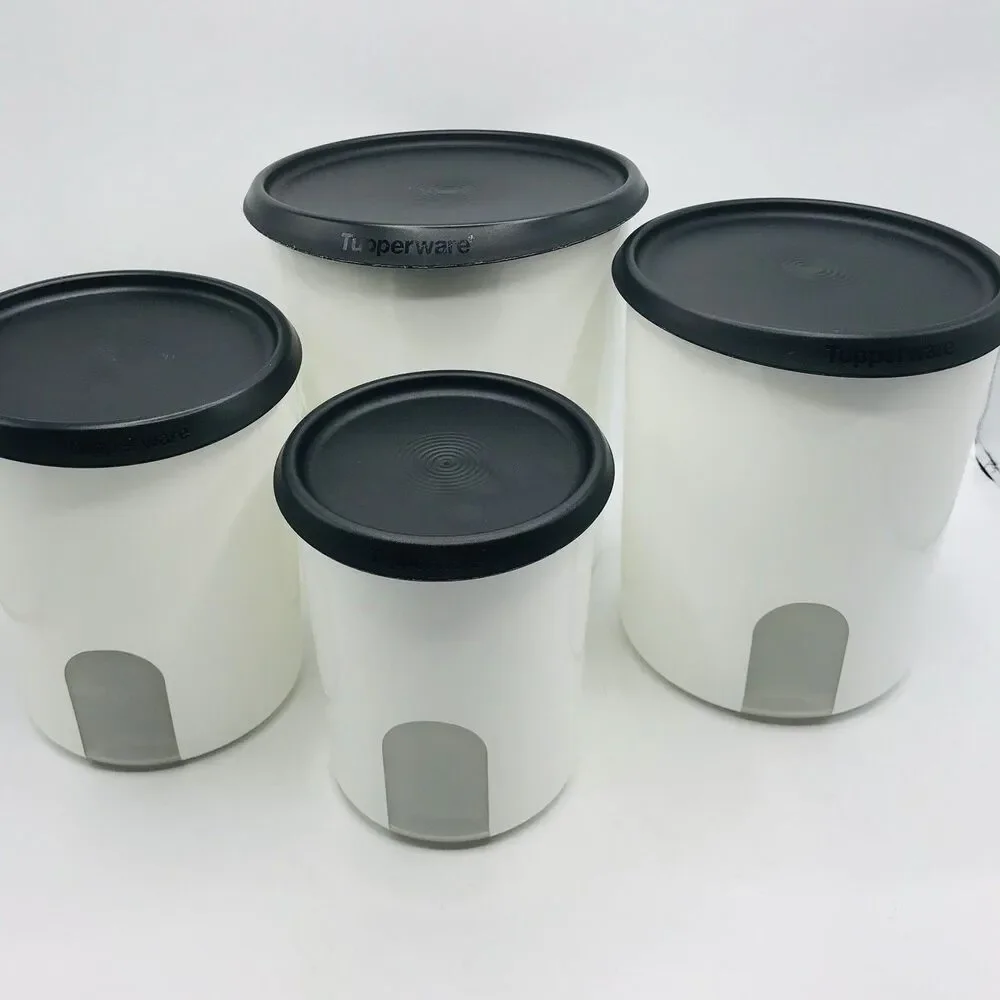 Tupperware One-Touch Reminder 4 Piece Canister Set White W/ Black Lids Tradition